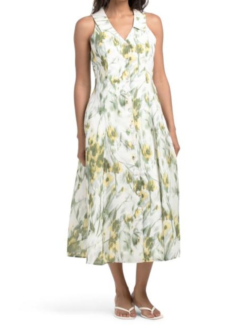 ELIE TAHARI Linen Blend Sleeveless Collar Button Down Midi Dress